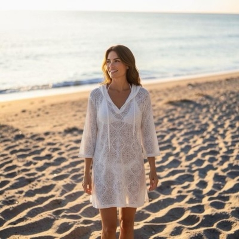 Bally Total Fitness White Hooded Burnout Tunic Cover Up Dress Women's M VG - Picture 3 of 10